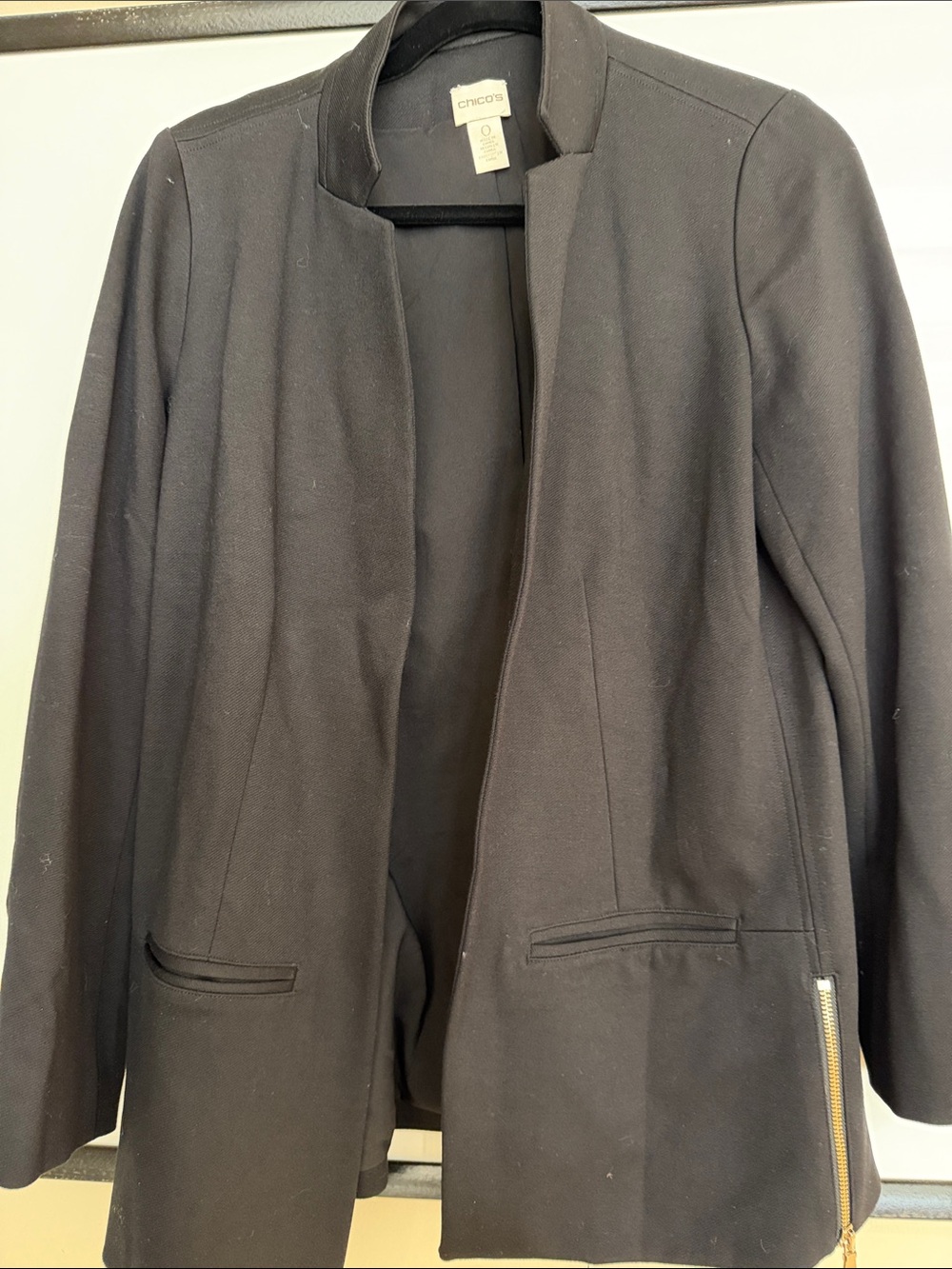 Chico's Black Collarless Open-Front Blazer with Gold Zipper Accent